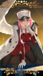  1girl angel_wings arm_support bangs black_legwear blush breasts candy cangkong character_name copyright_name darling_in_the_franxx dress feathered_wings food full_body gloves green_eyes hat highres holding holding_food jacket_on_shoulders kneeling leaning_forward lips lollipop long_hair long_sleeves looking_at_viewer medium_breasts military military_uniform pantyhose parted_lips patreon_username peaked_cap pink_hair pixiv_id red_dress single_wing solo star sweets tsurime uniform watermark web_address white_coat white_gloves white_hat white_wings wings zero_two_(darling_in_the_franxx) 