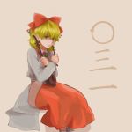 1girl bangs blonde_hair bow closed_mouth collared_shirt erhu frown hair_bow hands_up holding holding_instrument instrument long_skirt long_sleeves red_bow red_skirt satsuki_rin see-through shikido_(khf) shirt short_hair sitting skirt solo touhou white_shirt x_arms yellow_eyes 