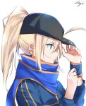  1girl ahoge artoria_pendragon_(all) black_hat blonde_hair blue_eyes blue_scarf fate/grand_order fate_(series) from_side hair_between_eyes hat high_ponytail highres long_hair meimuu mysterious_heroine_x scarf signature simple_background solo upper_body white_background wristband 