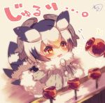  1girl bangs bird_tail black_hair blush brown_eyes candy_apple chibi coat drooling eyebrows_visible_through_hair food fur-trimmed_coat fur-trimmed_sleeves fur_collar fur_trim grey_coat hair_between_eyes head_wings kemono_friends long_sleeves looking_away multicolored_hair muuran northern_white-faced_owl_(kemono_friends) orange_hair parted_lips signature solo sparkle standing translation_request white_hair 