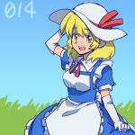  1girl :d apron arm_at_side arm_up bangs blonde_hair blue_dress blue_sky breasts day dress dress_lift elbow_gloves eyebrows eyebrows_visible_through_hair frilled_apron frilled_dress frills gloves grass hat hat_ribbon kana_anaberal lifted_by_self maid_apron medium_breasts number open_mouth outdoors puffy_short_sleeves puffy_sleeves red_ribbon ribbon shikido_(khf) short_hair short_sleeves sky smile solo sun_hat teeth touhou touhou_(pc-98) waist_apron white_apron white_gloves white_hat yellow_eyes 