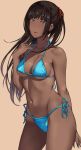  1girl 3 arm_behind_back bangs bikini black_hair blue_bikini blue_eyes blue_nails breasts commentary_request dark_skin eyebrows_visible_through_hair hai_ookami hair_ornament hair_scrunchie highres long_hair looking_at_viewer medium_breasts nail_polish navel nose number original ponytail red_scrunchie revision scrunchie side-tie_bikini simple_background smile solo standing swimsuit tongue tongue_out very_long_hair 