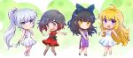  4girls ahoge blake_belladonna blue_bow blue_eyes bow chibi commentary_request dress grey_eyes hair_bow high_heels highres iesupa multiple_girls purple_dress red_dress ruby_rose rwby_chibi simple_background violet_eyes weiss_schnee white_dress yang_xiao_long yellow_eyes 