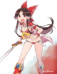  1girl armor artist_name bangs bare_legs bikini bikini_armor black_hair boots bow bracelet breasts cleavage floating_hair hair_bow hair_tubes hakurei_reimu holding holding_sword holding_weapon jewelry leaning_forward long_hair looking_at_viewer lowleg lowleg_bikini mogamiya_honu navel open_mouth parted_bangs red_bikini red_bow red_eyes red_footwear ribbon_trim shide shiny shiny_hair shoulder_pads signature small_breasts solo swimsuit sword teeth touhou weapon white_background yin_yang 