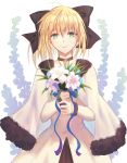  1girl ahoge artoria_pendragon_(all) blonde_hair blue_ribbon bouquet collarbone dress fate/unlimited_codes fate_(series) flower fur_trim green_eyes hair_between_eyes highres holding holding_bouquet jewelry light_smile lily_(flower) long_hair looking_at_viewer necklace ribbon saber_lily solo standing white_capelet white_dress white_flower xing_muhen 