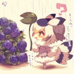  1girl :o ? bangs bird_tail black_hair blush brown_eyes chibi coat commentary_request eyebrows_visible_through_hair flower from_side fur-trimmed_coat fur-trimmed_sleeves fur_collar fur_trim grey_coat hair_between_eyes head_wings holding holding_leaf hydrangea kemono_friends leaf leaf_umbrella long_sleeves muuran no_shoes northern_white-faced_owl_(kemono_friends) open_mouth orange_hair outdoors pantyhose profile purple_flower rain signature solo translation_request white_hair white_legwear 