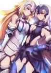  2girls armor armored_boots armored_dress black_dress black_gloves blonde_hair blue_eyes blue_footwear blush boots breast_press breasts chains cleavage cutout dress elbow_gloves eyes fate_(series) floating_hair food fruit fur_trim gloves hair_ornament highres jeanne_d&#039;arc_(alter)_(fate) jeanne_d&#039;arc_(fate) jeanne_d&#039;arc_(fate)_(all) large_breasts long_hair looking_at_viewer multiple_girls navel_cutout orange rahato shiny shiny_skin silver_hair simple_background sleeveless sleeveless_dress smile standing symmetrical_docking thigh-highs thigh_boots very_long_hair white_background white_dress 