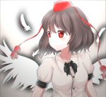  1girl bad_deviantart_id bad_id black_border border bow brown_hair chromatic_aberration disco_brando feathers hat highres looking_to_the_side outline puffy_short_sleeves puffy_sleeves red_eyes shameimaru_aya shirt short_hair short_sleeves smile solo tokin_hat touhou upper_body white_shirt wings 
