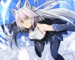  1girl ahoge animal_ears atalanta_(alter)_(fate) atalanta_(fate) bangs bare_shoulders black_gloves black_legwear black_skirt breasts cat_ears claws closed_mouth elbow_gloves emphasis_lines fate/grand_order fate_(series) gloves green_eyes hair_between_eyes long_hair looking_at_viewer medium_breasts pantyhose ribbed_shirt shirt silver_hair skirt sleeveless sleeveless_shirt solo standing standing_on_one_leg twitter_username tyone very_long_hair white_shirt 