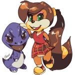  1girl berri bottomless brown_hair child chipmunk conker&#039;s_pocket_tales conker_(series) dinosaur dress furry green_eyes looking_at_viewer mblock no_humans ponytail rareware red_dress simple_background solo squirrel transparent_background twelve_tales:_conker_64 very_long_hair young 