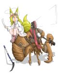  1girl absurdres animal animal_ears blonde_hair closed_mouth clothed_animal commentary_request doitsuken dress drinking fox_ears fox_tail from_side gloves headband headlight highres holding ice_pick long_hair monster_energy mouth_hold oversized_animal pouch scissors shoes sitting smile socks solo tail white_dress 