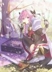  1boy astolfo_(fate) backpack bag bangs black_bow black_legwear black_ribbon black_shirt blanket boots bow braid branch buckle cape cherry_blossoms commentary_request dango day eating eyebrows_visible_through_hair falling_petals fang fate/apocrypha fate_(series) faulds floral_print food from_behind full_body fur-trimmed_cape fur_trim garter_straps gauntlets grass hair_between_eyes hair_bow hair_intakes hair_ribbon hanami highres holding holding_food knee_boots long_hair long_sleeves looking_at_viewer looking_back lunchbox male_focus motion_blur multicolored_hair outdoors petals picnic pink_hair pinky_out red_cape ribbon sanshoku_dango scabbard shadow sheath sheathed shiny shiny_hair shirt sidelocks single_braid solo spring_(season) squatting streaked_hair sunlight sushi sword tamu_(tamurarucaffe1226) thigh-highs trap tree tree_shade twisted_torso violet_eyes wagashi weapon white_cape white_footwear white_hair 