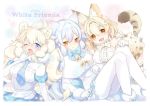  3girls :d ;o animal_ears arctic_fox_(kemono_friends) blonde_hair blue_eyes blue_neckwear blush bow bowtie breast_pocket capelet circle_name covering_mouth extra_ears eyebrows_visible_through_hair fox_ears fur_collar gloves hair_between_eyes hand_over_own_mouth hinayuki_usa kemono_friends lion_ears long_sleeves looking_at_viewer multiple_girls necktie one_eye_closed open_mouth pantyhose plaid plaid_neckwear plaid_skirt plaid_sleeves pocket print_legwear print_neckwear serval_ears serval_print serval_tail shirt short_hair short_sleeves sitting skirt sleeveless sleeveless_shirt smile tail thigh-highs white_gloves white_legwear white_lion_(kemono_friends) white_neckwear white_serval_(kemono_friends) white_skirt yawning yellow_eyes 