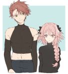  2boys :&lt; astolfo_(fate) bangs bare_shoulders black_bow black_shirt blue_background blue_pants bow braid character_request citron_82 commentary_request crop_top cropped_arms cropped_legs cropped_torso detached_sleeves eye_contact eyebrows_visible_through_hair fate/apocrypha fate_(series) green_eyes hair_bow hair_intakes hair_over_shoulder long_hair long_sleeves looking_at_another male_focus multicolored_hair multiple_boys muscle navel outside_border pale_color pants parted_bangs pink_hair puffy_long_sleeves puffy_sleeves redhead shirt simple_background single_braid skin_tight sleeve_garters smile standing streaked_hair sweatdrop trap turtleneck two-tone_hair white_border white_hair 