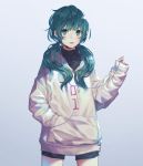  1girl black_shirt black_shorts cowboy_shot earphones green_eyes green_hair hand_in_pocket hatsune_miku highres holding_earphone jacket long_hair looking_at_viewer open_mouth shirt short_shorts shorts simple_background solo standing twintails vocaloid white_background white_jacket 