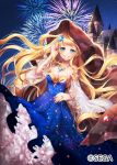  1girl aqua_eyes bare_shoulders blanket blonde_hair blue_dress blush breasts castle detached_sleeves dress fireworks glint hair_ornament hand_up jewelry long_hair looking_at_viewer medium_breasts night night_sky official_art outdoors plaid ring sky smile solo standing star star_(sky) star_print starry_sky very_long_hair watermark wonderland_wars yamagishi_chihiro 