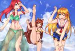  3girls ;d animal_ears antenna_hair belt bikini blazblue blonde_hair blue_eyes breasts brown_eyes brown_hair byakkun_(byakkun8181) cleavage clouds cloudy_sky eyebrows_visible_through_hair front-tie_top green_bikini green_eyes hair_tubes high_kick highleg highleg_bikini highres kicking large_breasts long_hair makoto_nanaya medium_breasts miniskirt multiple_girls navel neckerchief noel_vermillion one_eye_closed open_mouth pleated_skirt red_neckwear redhead sarong school_uniform see-through serafuku side-tie_bikini skirt sky smile splashing squirrel_ears squirrel_tail string_bikini swimsuit tail tsubaki_yayoi water yellow_bikini 