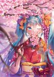  1girl alternate_costume bangs blue_eyes blue_hair blue_nails blurry blurry_background blurry_foreground bow cherry_blossoms day depth_of_field eyebrows_visible_through_hair flat_chest floral_print flower hair_bow hair_flower hair_ornament hatsune_miku holding_branch ika_(4801055) japanese_clothes kimono light_particles long_hair long_sleeves looking_at_viewer nail_polish obi one_eye_closed orange_bow outdoors print_kimono red_kimono red_ribbon ribbon sash shiny shiny_hair signature spring_(season) tree_branch twintails twitter_username upper_body very_long_hair vocaloid wide_sleeves 