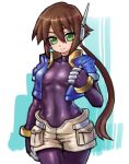  1girl aile bangs bodysuit bodysuit_under_clothes bracelet breasts brown_hair capcom covered_navel cropped_jacket drill_(emilio) eyebrows_visible_through_hair green_eyes hair_between_eyes highres inti_creates jewelry long_hair looking_at_viewer ponytail puffy_short_sleeves puffy_sleeves rockman rockman_zx rockman_zx_advent short_sleeves shorts sidelocks skin_tight small_breasts smile solo spandex tight white_shorts 
