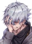  1boy closed_eyes crying earrings fate/grand_order fate_(series) hand_on_own_face highres jewelry kadoc_zemlupus male_focus piercing ring silver_hair solo tears try upper_body white_background 