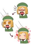  1girl 221_(tsutsuichi) ^_^ beret blonde_hair blush closed_eyes commentary_request fate/grand_order fate_(series) gloves hand_on_another&#039;s_head hat long_sleeves open_mouth paul_bunyan_(fate/grand_order) petting short_hair smile yellow_eyes 