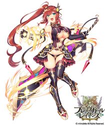  1girl :d armor armored_boots armpits bare_shoulders black_panties blue_eyes blush boots brave_girl_ravens breasts cleavage cleavage_cutout commentary_request copyright_name elbow_gloves full_body gauntlets gloves groin hair_ornament holding holding_sword holding_weapon horosuke_(toot08) huge_weapon large_breasts long_hair looking_at_viewer mavis_(brave_girl_ravens) open_mouth panties redhead side_ponytail simple_background smile solo standing sword thigh-highs thigh_boots under_boob underwear very_long_hair weapon white_background 