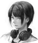  1girl bangs blunt_bangs closed_mouth commentary_request copyright_request greyscale hankuri headphones headphones_around_neck looking_at_viewer monochrome portrait shirt short_hair simple_background solo white_background 