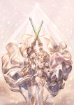  1boy 1girl 2018 :d arm_up blonde_hair brown_eyes choker covered_navel dated detached_sleeves djeeta_(granblue_fantasy) floating_hair flower gran_(granblue_fantasy) granblue_fantasy hair_flower hair_ornament highres holding holding_sword holding_weapon leotard milli_little open_mouth pants signature smile spaulders standing strapless strapless_leotard sword thigh-highs weapon white_flower white_legwear white_leotard white_pants 