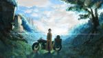  1girl androgynous backlighting black_hair bob_cut commentary_request full_body ground_vehicle hands_clasped hermes kino kino_no_tabi lens_flare long_coat motor_vehicle motorcycle nature own_hands_together scenery shin_(shinitagaki) short_hair solo 