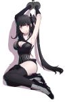  1girl architect_(girls_frontline) armpits arms_up ass asymmetrical_clothes bangs bdsm black_hair black_legwear blunt_bangs blush bondage boots bound breasts chains cleavage collarbone cuffs eyebrows_visible_through_hair girls_frontline highres large_breasts long_hair looking_at_viewer medium_breasts one_side_up pale_skin parted_lips pink_eyes restrained sangvis_ferri shackles side-tie_costume side_ponytail sidelocks simple_background smile solo sweatdrop thigh-highs thighs very_long_hair violet_eyes white_background xiu_jiayihuizi 