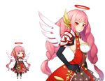  1girl aki_no_jikan black_gloves braid breasts character_request cleavage dress elbow_gloves gloves hair_ornament halo hand_on_hips long_hair looking_at_viewer maru-kichi medium_breasts multiple_views official_art pink_hair red_dress red_eyes standing twin_braids watermark white_wings wings 