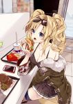 1girl 218 bare_shoulders black_skirt blonde_hair blue_eyes blush braid breasts cellphone cleavage collarbone eyebrows_visible_through_hair eyewear_on_head food fur-trimmed_jacket fur_trim granblue_fantasy green_jacket hamburger holding holding_food indoors jacket long_hair mcdonald&#039;s medium_breasts off_shoulder open_mouth phone pleated_skirt skirt smartphone solo sunglasses tray twintails zeta_(granblue_fantasy) 