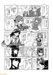 6+girls :d ;d ahoge alternate_costume arm_up arms_up black_hair breasts checkered checkered_neckwear comic commentary eyepatch fubuki_(kantai_collection) fur-trimmed_sleeves fur_trim greyscale hair_ribbon hat headgear heart i-19_(kantai_collection) i-400_(kantai_collection) kantai_collection kunashiri_(kantai_collection) large_breasts long_hair long_sleeves low_ponytail mechanical_halo mizumoto_tadashi monochrome multiple_girls name_tag necktie non-human_admiral_(kantai_collection) one_eye_closed open_mouth ribbon sado_(kantai_collection) sailor_collar sailor_hat school_swimsuit school_uniform serafuku shimushu_(kantai_collection) short_hair short_ponytail sidelocks smile star star-shaped_pupils swimsuit symbol-shaped_pupils tatsuta_(kantai_collection) tenryuu_(kantai_collection) translation_request tri_tails tsushima_(kantai_collection) two_side_up 
