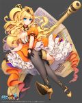  1girl 61um black_legwear blonde_hair blue_eyes breasts brown_footwear cleavage dress frilled_dress frills full_body glint grey_background hair_ornament hand_on_own_knee hat high_heels invisible_chair large_breasts looking_to_the_side official_art orange_dress panzer_waltz puffy_sleeves sitting smile solo two_side_up watermark yellow_hat 