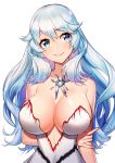  1girl ahri_(ari_30305) arms_behind_back artemis_(fate/grand_order) bangs bare_shoulders blue_eyes blush breasts cleavage closed_mouth collarbone dress eyebrows_visible_through_hair fate/grand_order fate_(series) hair_between_eyes jewelry large_breasts long_hair looking_to_the_side necklace simple_background smile solo swept_bangs white_background white_dress white_hair 