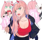  cow_(shadow) darling_in_the_franxx earrings fangs green_eyes hairband horns jacket jewelry pink_hair red_shirt shirt speech_bubble white_hairband zero_two_(darling_in_the_franxx) 