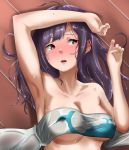  1girl armpits blush breasts erect_nipples eyebrows_visible_through_hair hair_between_eyes highres kantai_collection large_breasts long_hair looking_at_viewer open_mouth purple_hair red_eyes solo taigei_(kantai_collection) tama_(seiga46239239) underwear undressing 