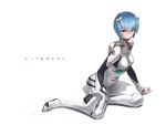  1girl ayanami_rei blue_hair bodysuit breasts closed_mouth commentary_request gloves looking_at_viewer medium_breasts neon_genesis_evangelion plugsuit red_eyes short_hair simple_background sitting solo white_background white_bodysuit white_gloves winddale 