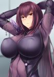  1girl arms_up bangs blush bodysuit breasts closed_mouth commentary_request covered_navel eyebrows_visible_through_hair fate/grand_order fate_(series) gachou hair_between_eyes hips indoors large_breasts long_hair looking_at_viewer mature pauldrons purple_bodysuit purple_hair red_eyes scathach_(fate/grand_order) solo sweatdrop translation_request upper_body waist 