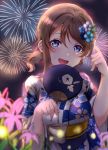  1girl :d alternate_hairstyle blue_eyes brown_hair fan fireworks floral_print flower grey_hair hair_between_eyes hair_flower hair_ornament hairpin hands_up japanese_clothes kimono looking_at_viewer love_live! love_live!_sunshine!! mia_(fai1510) night obi open_mouth paper_fan ponytail sash short_hair sidelocks smile solo uchiwa upper_body watanabe_you wide_sleeves 