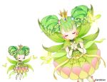  1girl aki_no_jikan arm_at_side closed_eyes crown earrings facing_viewer fairy flower gloves green_hair green_skirt hair_flower hair_ornament hands_together jewelry leaf maru-kichi multiple_views short_twintails skirt tutu twintails watermark white_gloves white_legwear 