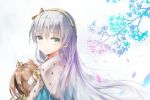  1girl anastasia_(fate/grand_order) bangs blue_eyes blush cape commentary_request crown doll dress eyebrows_visible_through_hair fate/grand_order fate_(series) hairband hellnyaa holding jewelry long_hair looking_at_viewer mini_crown ribbon royal_robe silver_hair solo very_long_hair 