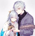  1boy 1girl anastasia_(fate/grand_order) bangs blue_eyes cape crown doll dress eyebrows_visible_through_hair fate/grand_order fate_(series) fur_trim hair_over_one_eye hairband hand_holding highres holding jacket jewelry kadoc_zemlupus long_hair loon_7774 mini_crown ribbon royal_robe silver_hair very_long_hair white_hair yellow_eyes 