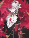  1boy bare_chest cape collar earrings ebanoniwa fate/grand_order fate_(series) grey_eyes hair_between_eyes highres jewelry karna_(fate) looking_at_viewer male_focus parted_lips solo spiked_collar spikes white_hair 