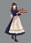  1girl apron bangs blue_dress blue_eyes blush brown_footwear cake closed_mouth collared_dress dress eyebrows_visible_through_hair food frills full_body grey_background holding holding_tray kashiwagi_chisame loafers long_hair long_sleeves low_twintails maid maid_headdress original shiny shiny_hair shoes simple_background smile solo standing tareme tray twintails waist_apron white_apron 