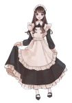  1girl :d apron bangs black_dress black_footwear blush brown_hair collared_dress dress eyebrows_visible_through_hair frilled_apron frilled_dress frills full_body kashiwagi_chisame long_hair long_sleeves looking_at_viewer maid maid_headdress mary_janes open_mouth original shiny shiny_hair shoes sidelocks simple_background sketch skirt_hold smile solo standing white_apron 
