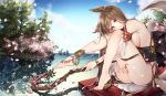  1girl afloat animal_ears anklet ass bangs bare_legs bare_shoulders barefoot black_bow blue_sky blurry bow branch breasts brown_hair bush cherry_blossoms closed_mouth day depth_of_field detached_sleeves eyebrows_visible_through_hair flower fox_ears fox_tail full_body highres holding holding_staff ia_(ias1010) jewelry knees_up large_breasts leg_hug long_hair long_sleeves looking_at_viewer multiple_tails obi ocean original outdoors pelvic_curtain petals pink_flower plantar_flexion ring ripples sash shade shiny shiny_skin sideboob sitting sky smile solo staff swept_bangs tabard tail tassel thighs tsurime very_long_hair water yellow_eyes 