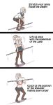  1girl 3koma bent_elbows bent_knees blue_eyes bouncing_breasts breasts comic commentary engrish grey_hair hair_ornament hair_over_one_eye hairclip hamakaze_(kantai_collection) highres holding kantai_collection large_breasts midriff misumi_(niku-kyu) motion_lines navel pantyhose ranguage school_uniform short_hair short_sleeves weightlifting you&#039;re_doing_it_wrong 