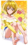  1girl ahoge barefoot blonde_hair brown_eyes choker collarbone eyebrows_visible_through_hair flower hair_between_eyes hanzou highres hugtto!_precure kagayaki_homare looking_at_viewer miniskirt panties pleated_skirt precure red_flower shirt short_hair sitting skirt smile solo underwear white_flower white_skirt yellow_panties yellow_shirt 