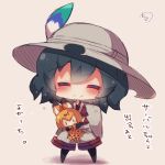  1girl animal_ears bangs black_gloves black_hair black_legwear blush character_doll chibi closed_eyes closed_mouth crying elbow_gloves eyebrows_visible_through_hair facing_viewer gloves grey_shorts hair_between_eyes hat_feather helmet kaban_(kemono_friends) kemono_friends muuran no_shoes orange_hair pantyhose pith_helmet print_skirt red_shirt serval_ears serval_print shirt short_sleeves shorts signature skirt smile solo standing tears translation_request |_| 